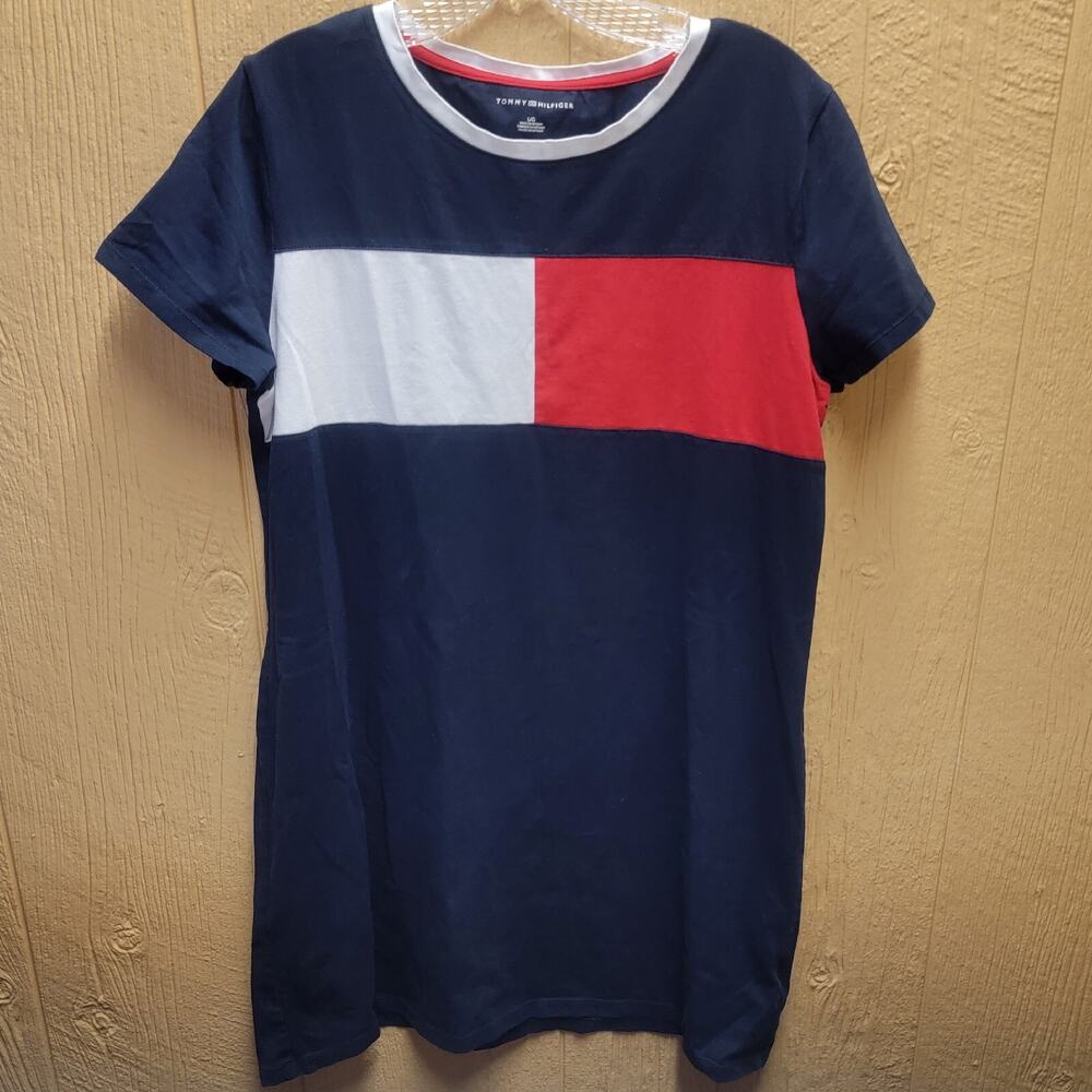Tommy Hilfiger Women Shirt Dress Large Short Sleeve Red White Blue Stretch